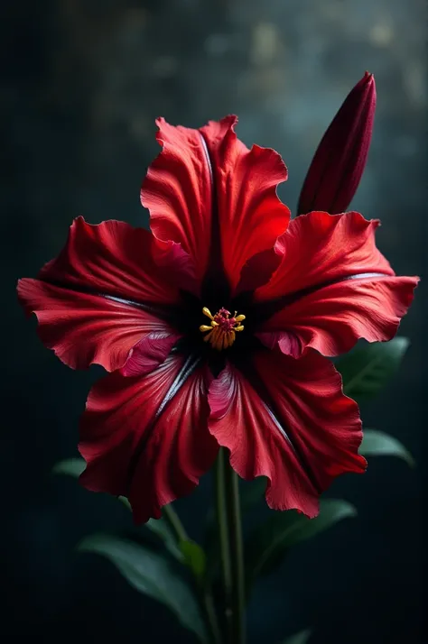  A flower licorys radiata or flower of hell in deep red, with a gloomy , Dark in the background and a pierced katana