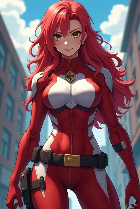    My Hero Academia Style ,     anime girl   , woman, young woman ,    full body shot  ,( Combat Stance :1.3), long hair, Red Hair,    Brown Eyes  ,  hero suit, Full Body Suit,   red suit with white details,   perfect anatomy ,  Reinforced ABS ,  super det...