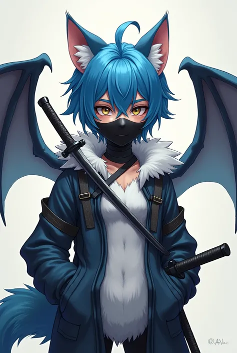  master piece , teenager, blue hair boy , white cat ears ,  white wolf tail , black face mask,  furry furry suit with white breast, katanas on the back, Dragon wings on the back ,  winking left
