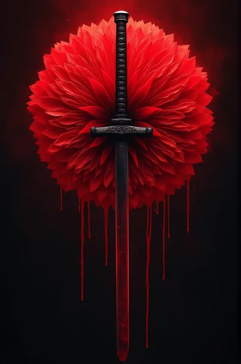 A fan art of a licorys radiata or flower of hell in deep red crossed by a katana with a dark background