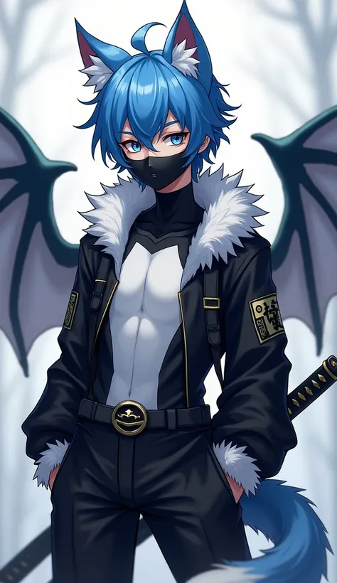  master piece , teenager, blue hair boy , white cat ears ,  white wolf tail , black face mask, Furry black furry suit with white breast, katanas on the back, Dragon wings on the back ,  winking left
