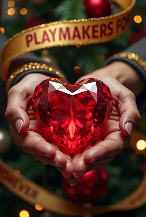 Red heart-shaped diamond held by two female and male hands surrounded by a gold ribbon with the word PLAYMAKERS FOREVER and Christmas decorations in the background of a Christmas tree