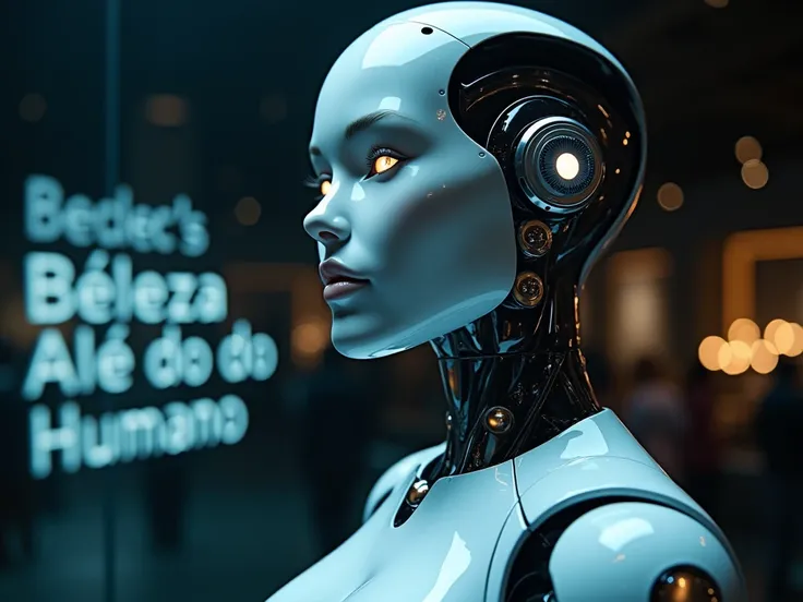 Main Subject: The flawless face of a glamorous humanoid robot, its synthetic features radiating perfection and allure.
Scene: A softly lit high-tech exhibition, with a dark, blurred background featuring faint holographic lights and glowing text reading “Be...