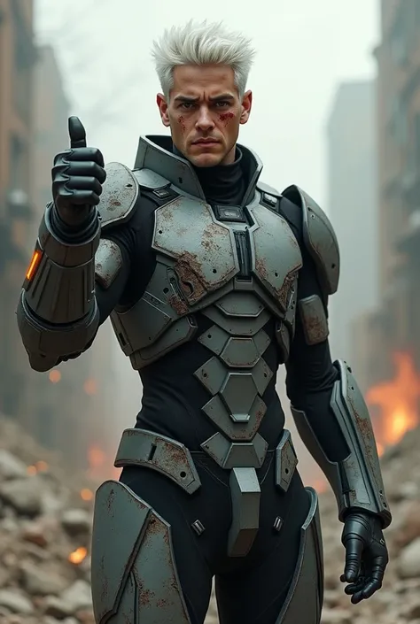 Twenty-year-old man in high-tech armor with short white hair and red eyes, one eye closed and multiple wounds on his body and said armor broken. With a thumbs up, while the apocalypse is contemplated in the background