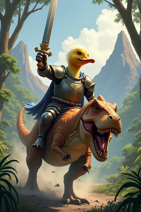 duck with sword raised and armor riding a rex 