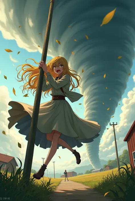 thin teenage anime girl with super long blonde hair and long flowing dress with long jacket being sucked into tornado hanging onto pole for dear life with aggressive wind blowing all around her; farm in background, screaming in terror, leaves being blown a...