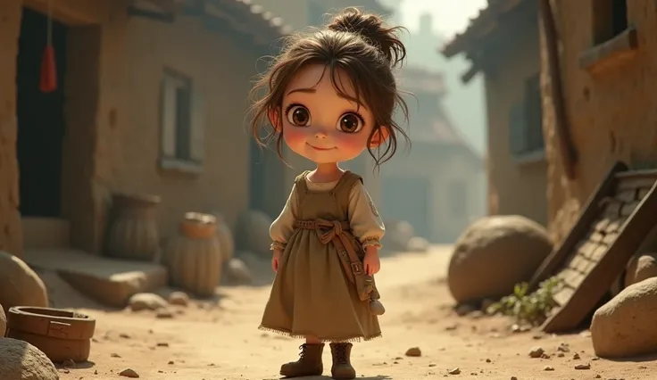 Ella is   pale skin complexion Brown eye color brown hair messy hair bun  wearing dirty messy poor skin frock  footwear wear cracked sleepes
Ella,  is a young girl with bright, curious eyes that reflect her determination. She has a graceful and humble deme...