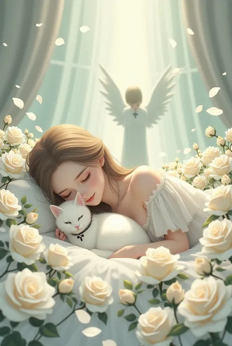 A girl lying on the bed full of white roses with a cross around her neck with a real white cat with a cross around her neck next to him and at the end of the bed stands an angel in the distance, but her image is in the form of an animation