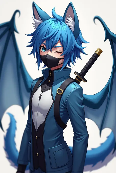  master piece , teenager, blue hair boy , white cat ears ,  white wolf tail , black mask,  furry furry suit with white breast, katanas on the back, Dragon wings on the back ,  winking left
