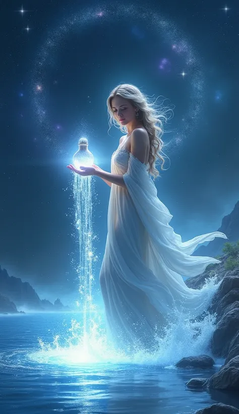 A celestial scene featuring a serene woman standing at the edge of a glowing, cosmic river under a star-filled sky. She holds a radiant vessel from which streams of luminous water pour into the river, symbolizing Aquarius connection to the flow of ideas an...