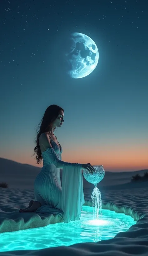 A mystical desert oasis at twilight, where a woman dressed in a flowing, futuristic silver gown kneels beside a glowing pool of water. She gently pours water from a crystalline vessel, the streams illuminating the surrounding sand with radiant blues and gr...