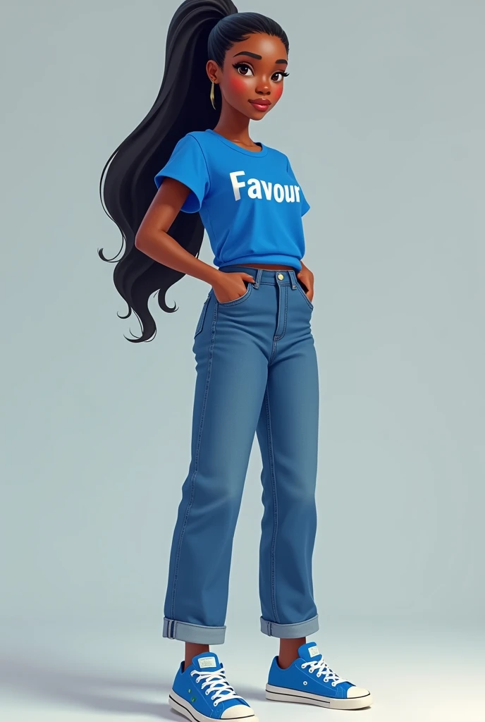 Generate image of a young dark skin lady of 21 years with a long black pony tail hair , putting on blue T shirt with Favour written on it on a blue jeans trouser with blue sneakers 