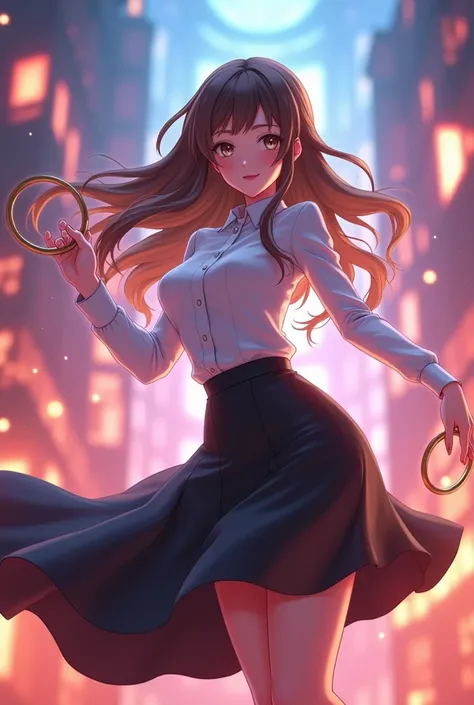 Fantasy anime teacher MMD with brown hair with sided bangs she is wearing a white blouse with a black elegant skirt she is holding a circle 