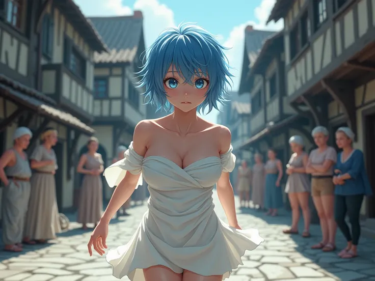 anime,  very beautiful woman,  short hair messy blue ,  bright blue eyes , dressed in only a white bed sheet,  on the street running , sad face, people watching , Medieval fantasy town .