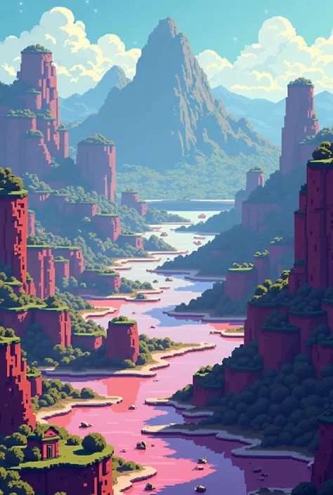 Landscape made of 2D pixels with a view from above