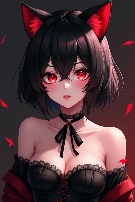 Anime girl with short black corset long black hair with red tufts black and red cat ears red eyes look would be ribbon necklace and black lace 