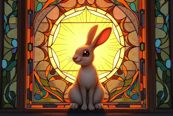 a rabbit sitting in a  stained glass window with a sun in the background, Slava Raškaj , behance contest winner, Art Nouveau,  stained glass art, maxim verehin  stained glass, on a  stained glass window,  stained glass style,  stained glass, masterpiece  s...