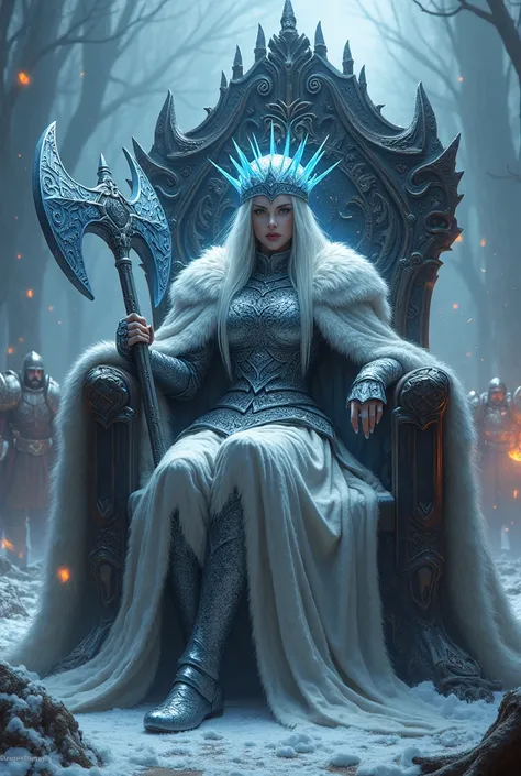 "An image of Esdeath as a Viking queen. She sits on a large, intimidating throne made of black wood and massive bones, adorned with wild animal pelts and skulls of her enemies. Her armor is crafted from cold, frost-covered metal, intricately engraved with ...