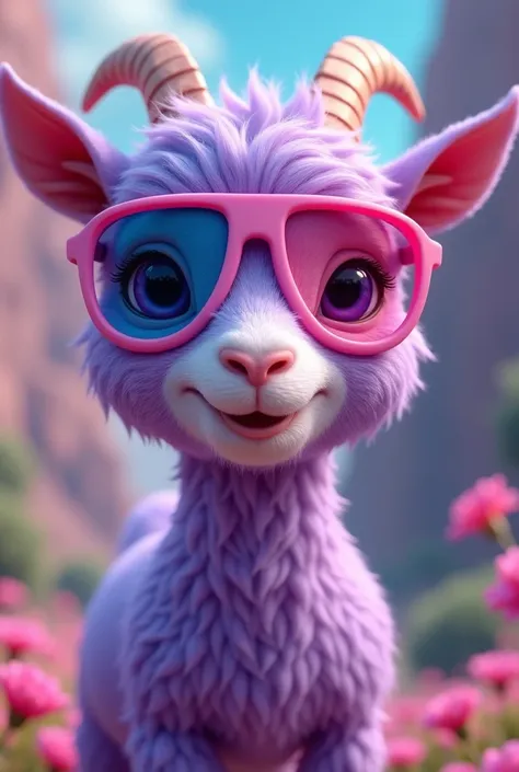 young purple goat with 3D lenses