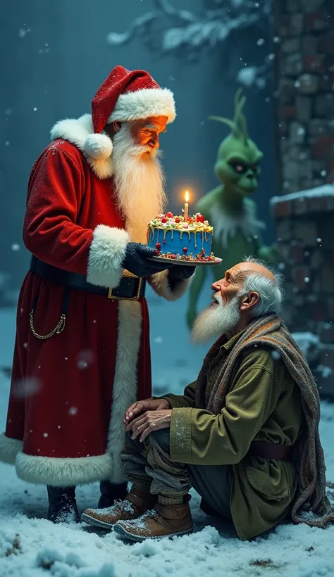  “Create an ultra-realistic and emotionally charged image depicting Santa Claus standing ,  holding a predominantly blue cake with multicolored details and a single candle burning at the top .  He is offering the cake to a Old beggar sitting in the snow , ...