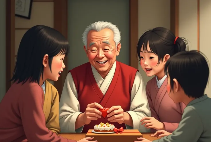 A realistic photo of a Japanese grandfather celebrating his 60th birthday (Kanreki) surrounded by his grandchildren. The grandfather is wearing a traditional red chan-chanko vest and smiling warmly. The grandchildren, also smiling happily, are gathered aro...