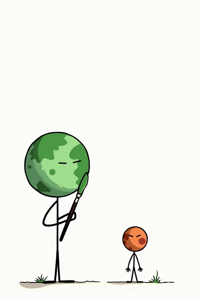 "A stick figure of planet Earth, holding a paintbrush and painting itself green, while another stick figure of Mars looks suspiciously from a distance. Minimalistic black and white art, humorous, xkcd style, cartoon planets with exaggerated expressions."
