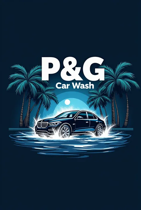 Modern car wash logo with dark colors
With a precision washing gun pouring water into the car and some palm trees next to it 
With the name of car wash p&g