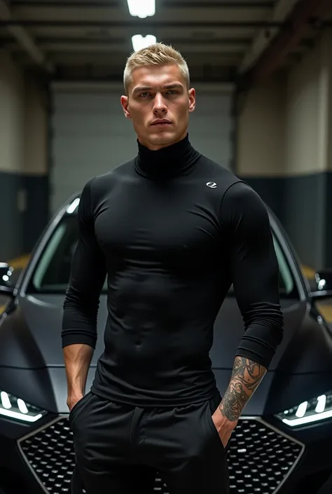 MATTHEW NOSZKA Young American man with Buzz Cut blonde hair  ,  white skin  ,   muscular and athletic body,  shells and stars    , tattoos, wearing a black turtleneck shirt with long sleeves tucked inside around the body and tight black pants,And black sne...