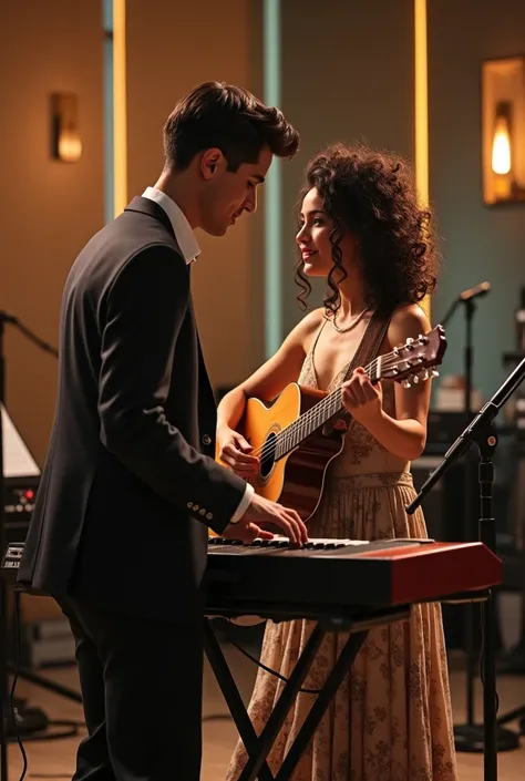 A 23-year-old keyboard player with a suit and short hair and a young woman with wavy hair, curlers and a long dress playing acoustic guitar in a recording studio. . Both boys are Latinos 