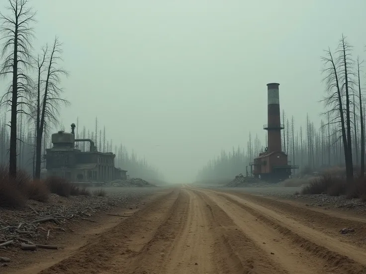 The vast, barren earth stretches as far as the eye can see. Dead trees, rusted buildings, and crumbled structures fill the landscape. The toxic sky is grey and oppressive. A cold wind blows dust across the ground. The silence is broken only by the distant ...