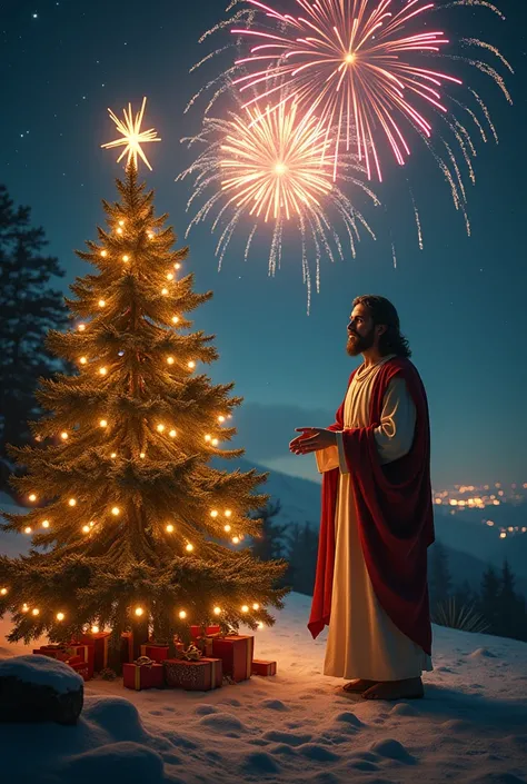 Jesus Christ next to a Christmas tree,  at night,  fireworks in the sky 