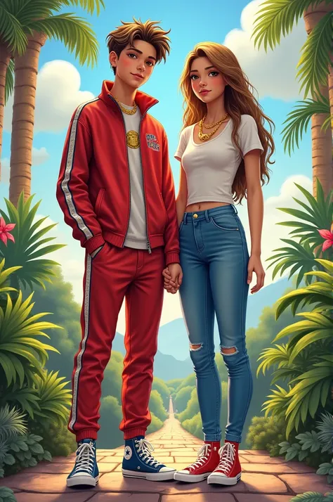 I want an image for the cover of my song of a 15-year-old boy wearing a tracksuit and some Versace jeans couture ankle boots and a gold chain around his neck holding hands with a 14-year-old girl in a blue jeans and a white top and some converse ankle boot...