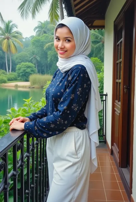 A realism picture of a Malay woman,beautiful & charming,wearing a white colored long muslim hijab,a dark blue printed blouse & white chinos,sweet shyly smile,standing while placing her hands grab on the wrought iron of the balcony house,real lanscape,seein...