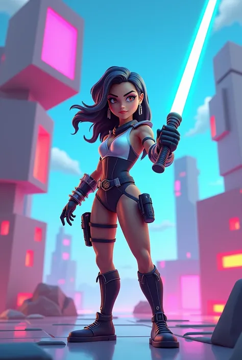 Make a beautiful female warrior holding a light saber in roblox style