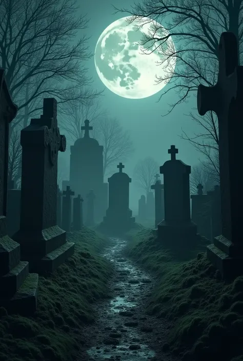 A cemetery on a full moon night next to a hole in the ground "Pit ".