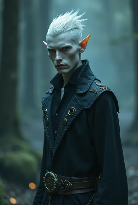 a shadar-kai male tall elf, with pale skin, white undercut hair and light blue eyes