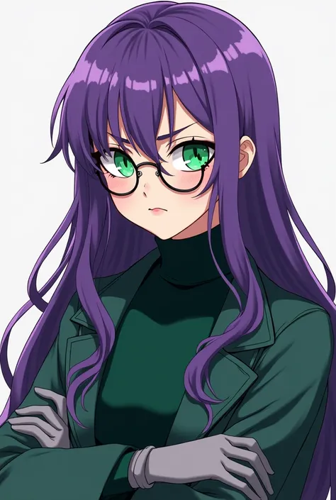 Make a Youngh Girl a bit grumpy,UltraMagneta Purple Long hair,Very Very Dark Deep Green turtleneck sweater,Green Coat,Gray Gloves,wearing One Eyed green holographic glasses,Anime Style.No Background