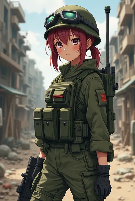 Anime girl soldier. She is dressed in army clothes, she is dressed in a bulletproof vest, a helmet, she is in army pants with knee pads.