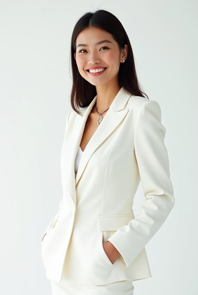  create a woman dressed in white,  Looking at the camera , happy,  photographic quality ,  white background ,  owhite executive outfit , camera zoom out, 18mm camera lens .