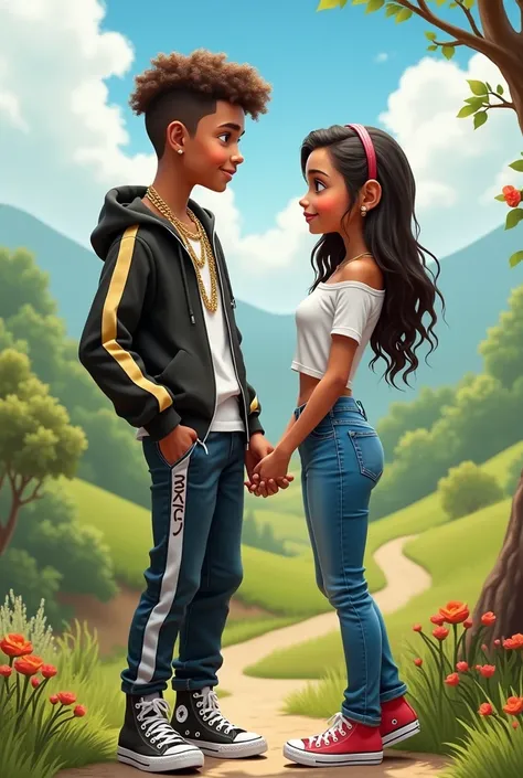 A 14-year-old boy wearing a gold chain, a tracksuit and some Versace jeans couture shoes and a gold chain around his neck is holding hands with a girl wearing blue jeans and a white top and some shoes converse in a beautiful landscape.