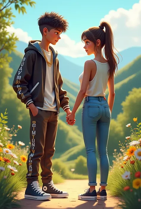 A 14-year-old boy wearing a gold chain, a tracksuit and some Versace jeans couture shoes and a gold chain around his neck is holding hands with a girl wearing blue jeans and a white top and some shoes converse in a beautiful landscape.