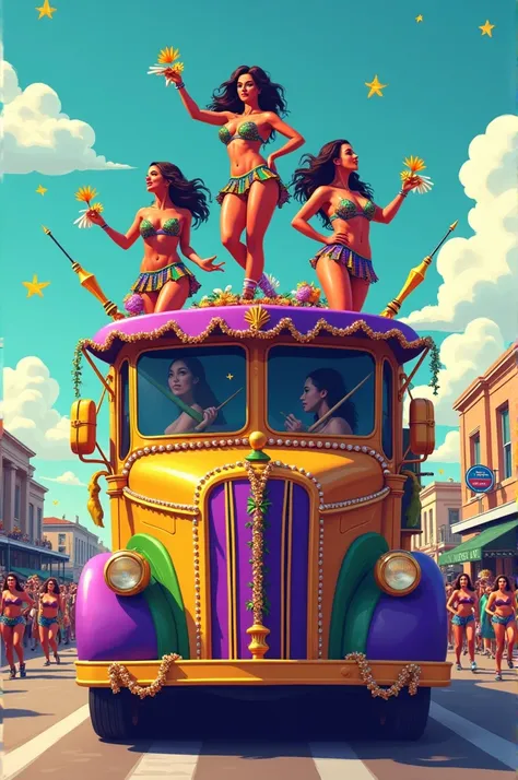 Mardi gras parade float, with the girls on the top of float, drawing vector style