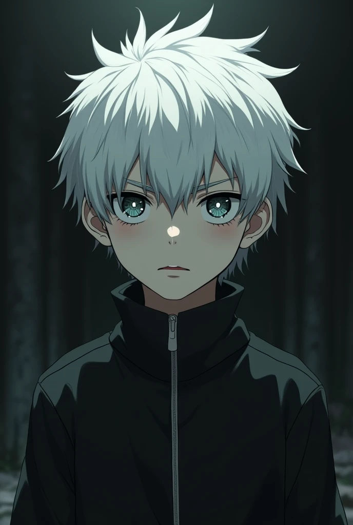 Boy with black jacket Neutral look demonic eye white hair anime