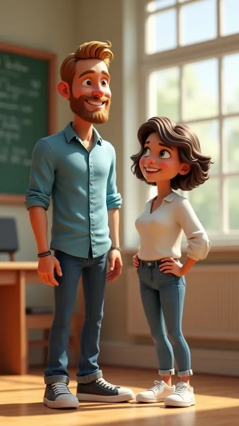 Pixar inspired 3D poster capturing the scene of a thin 30 year old male teacher with a light beard and blond hair smiling in a blue dress shirt and jeans wearing sneakers with a medium sized of a  old woman student with brown skinned woman with medium wavy...