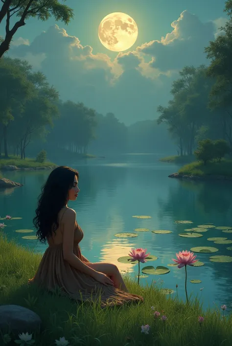 A Latin girl sitting on the grass in front of a lagoon that has a lotus flower and is illuminated by the moon 