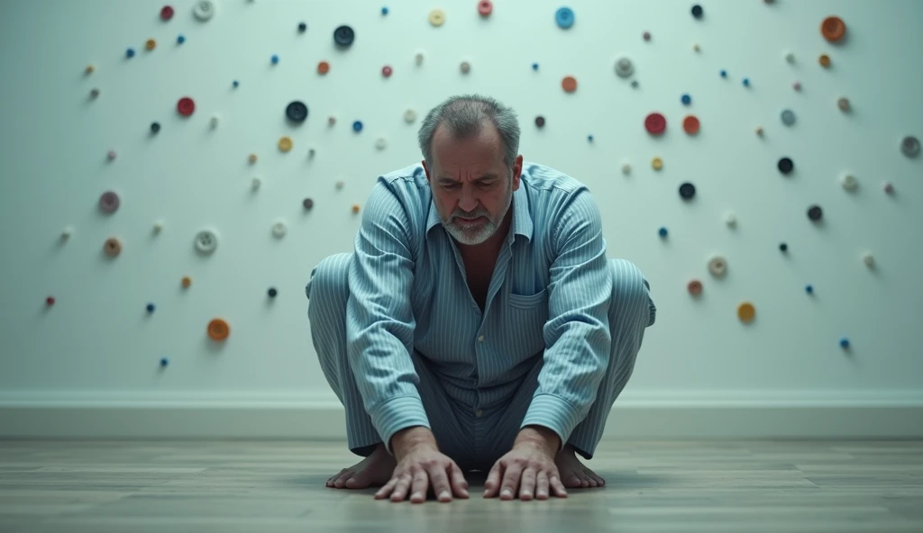 Crying man with blue white bijamas Trapped in a empty Room With Random Buttons On The Wall 