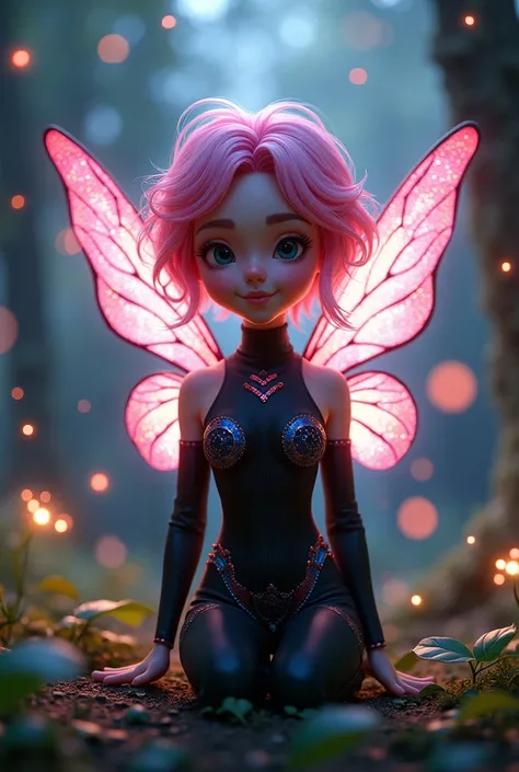 pixie (Megan Gwynn)

 Physical Features : Young, short pink hair,  translucent and shiny wings .
 Personality : happy, hopeful and curious .
It lasts:  Black uniform with colored details in pink and blue.
scenario:  A magical forest illuminated by small sp...