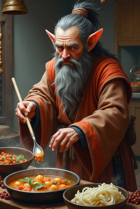 It generates the image of halflings cook  ( around 50 years old ) no beard, with long hair ,  with traits of Eastern origin and cultural clothing from the East. ( Try to keep the paizo style)