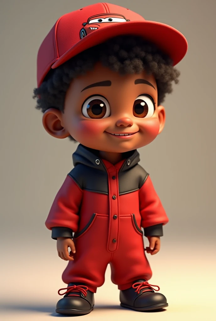 Dark-skinned boy sitting head slightly to the side expression happy brown eyes brown hair red jumpsuit with black details black bootie with red threads red cap with cars logo