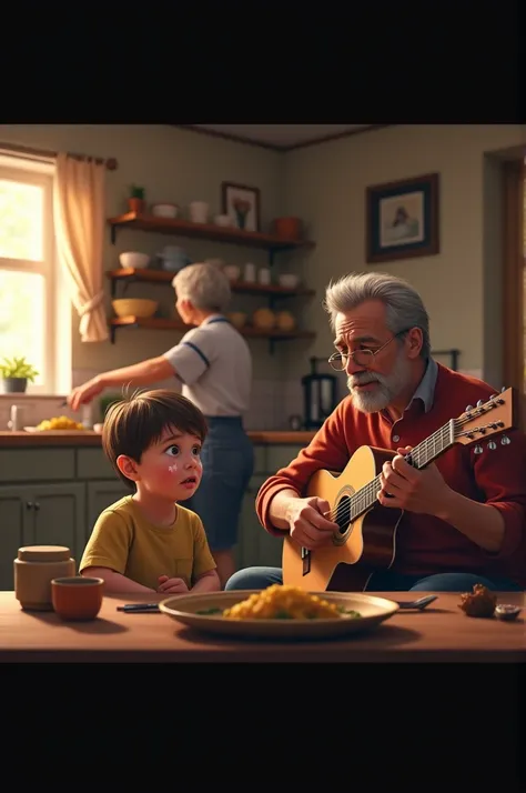  a  who cries next to his father who plays guitar . And in front of his mother who cooks 